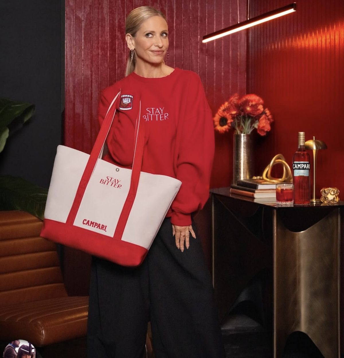 Campaign still — the dressed lounge corner as it appears in the finished campaign