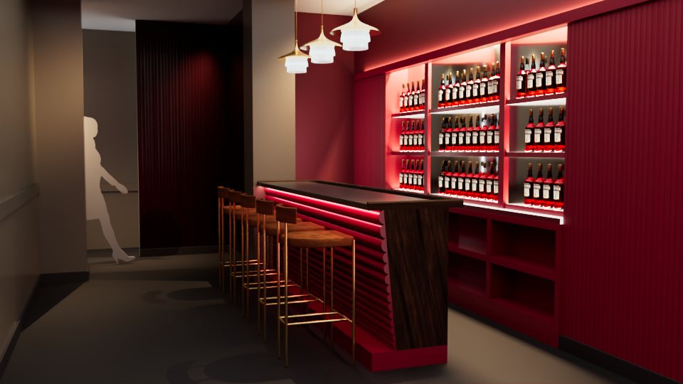 Design render — along the bar, stools in a row, shelves glowing
